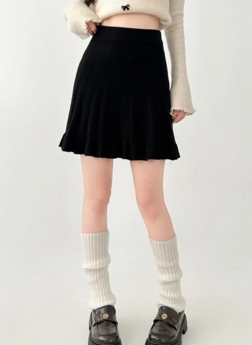 High Waist Black Knitted A Line Skirt