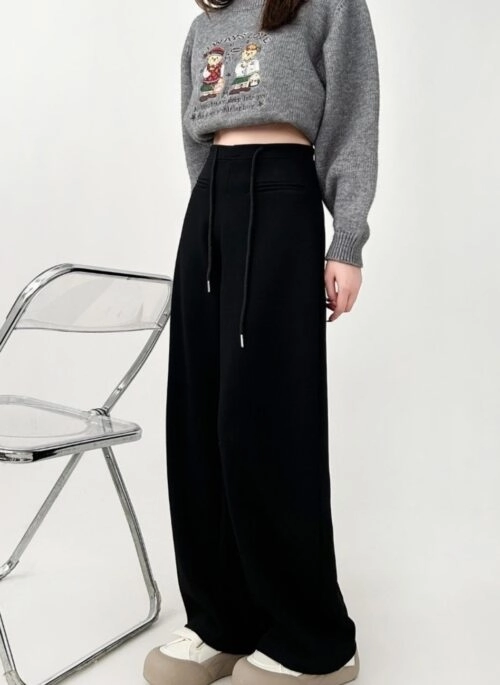 High Waist Black Patchwork Casual Wide Leg Pants