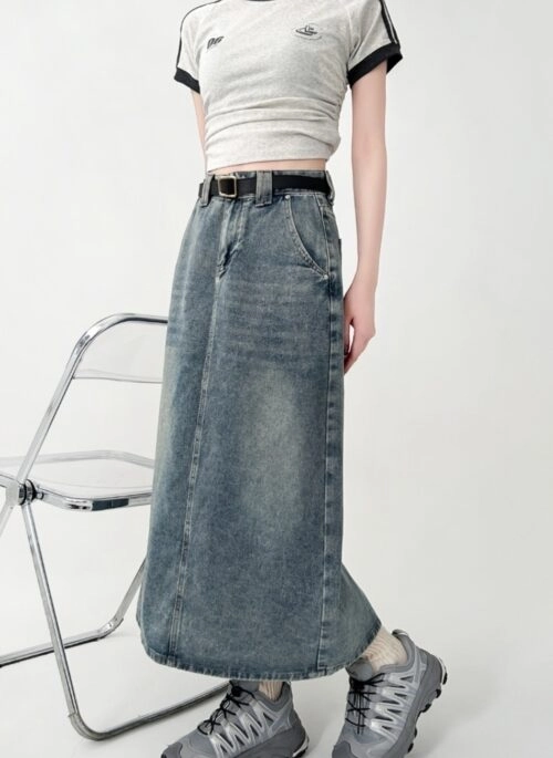 High Waist Denim A Line Midi Skirt