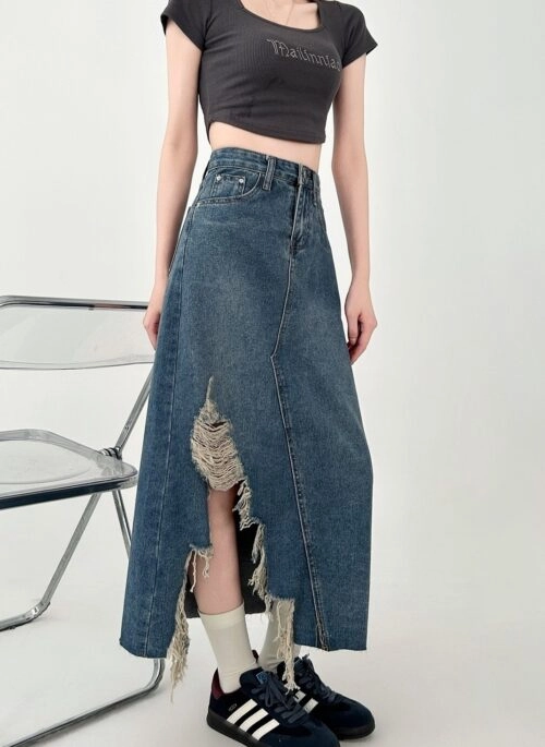 High Waist Denim A Line Midi Skirt