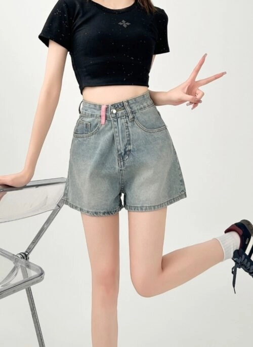 High Waist Embroidered Denim A Line Shorts