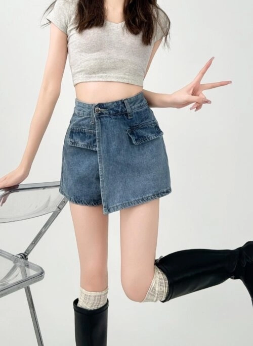 High Waist Irregular Denim Skort For Curvy Figures