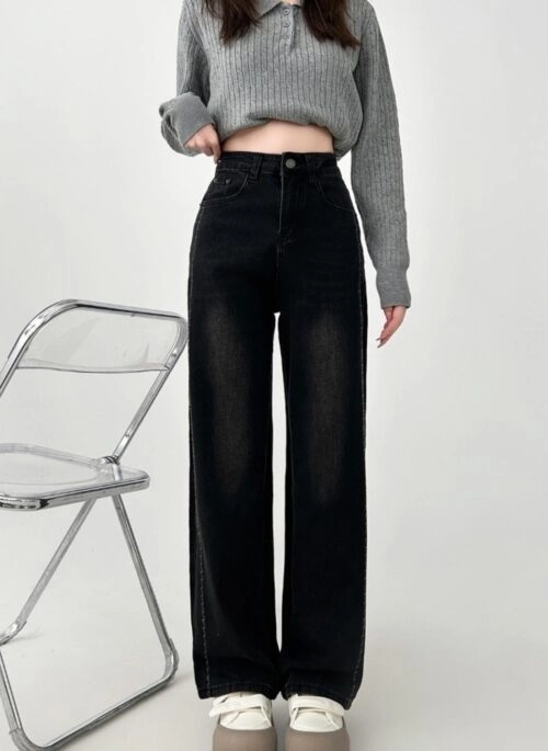 High Waist Loose Black Denim Wide Leg Pants