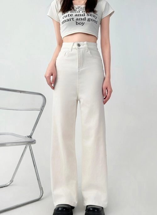 High Waist Loose White Denim Wide Leg Pants