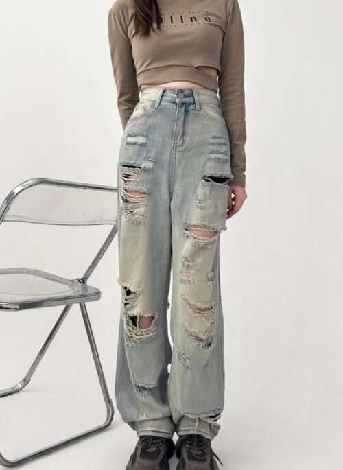 High Waist Wide Leg Distressed Denim Jeans
