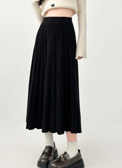 Knit High Waist Black A Line Midi Skirt