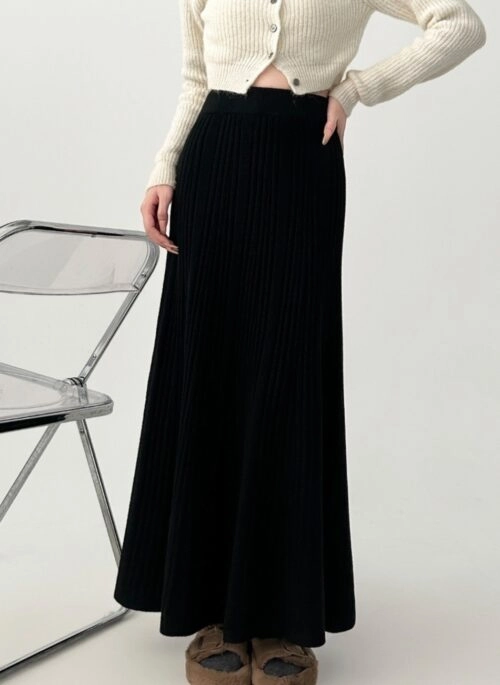 Knit High Waist Midi A Line Skirt Black