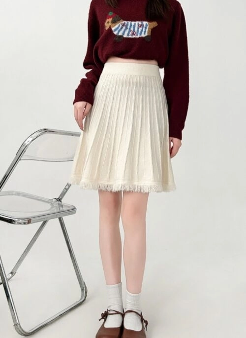 Knitted Fringe High Waist A Line Grey Skirt