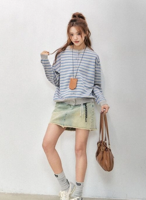 Korean Striped Knit Cardigan Retro Casual Sweater
