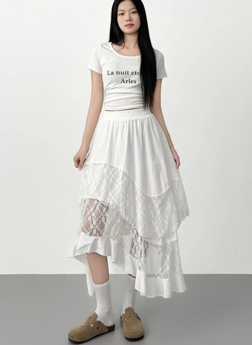 Lace Design White A Line Midi Skirt