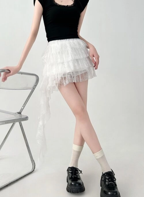 Lace High Waist Irregular Hem Cake Skirt