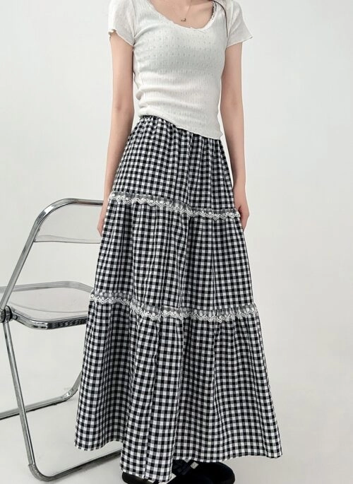 Lace Patchwork Plaid High Waist Midi Skirt