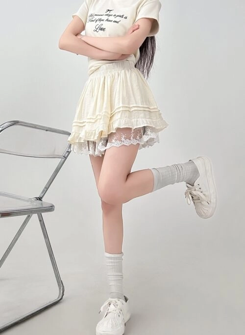 Lace Trim Ruffled A Line Skirt