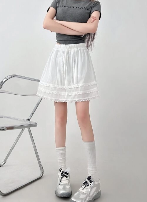 Lace Trim White A Line Skirt With Elastic Waist
