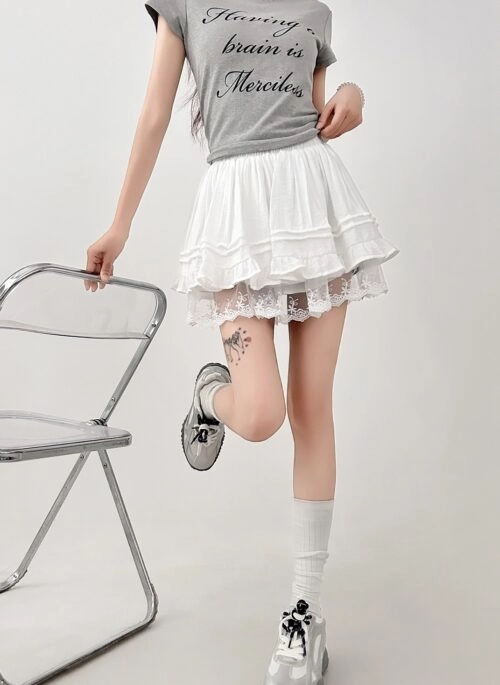 Lace Trim White Ballet Style High Waist Skater Skirt