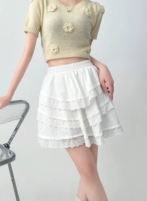 Lace Trim White Ruffle Skirt Summer Slim Fit
