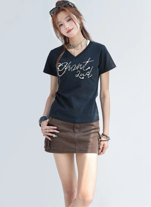 Letter Bead V Neck Sorona Cool Short Sleeve Top