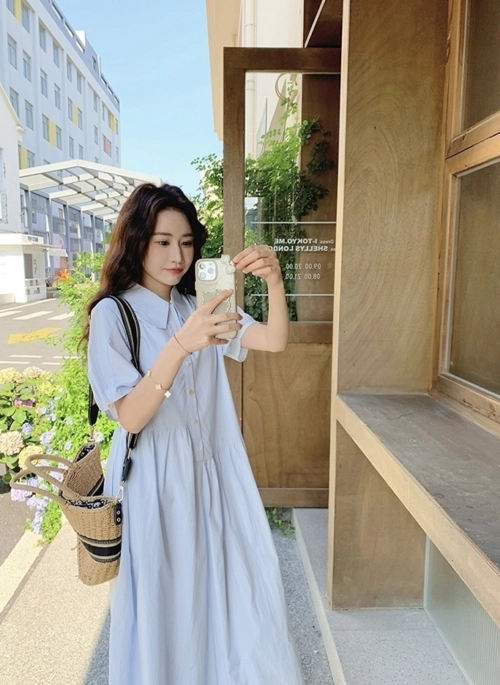 Light Blue Casual Lace Up Waist Dress