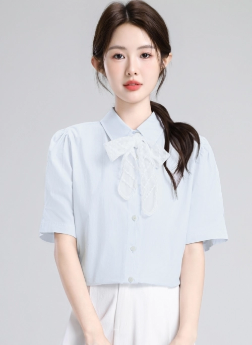 Light Blue Lace Tie Short Sleeve Polo Shirt