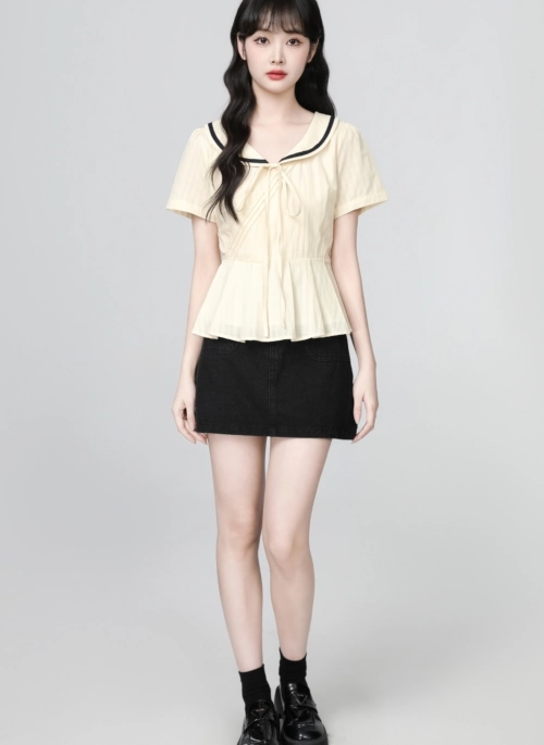 Peter Pan Collar Short Sleeve Tie Waist Shirt