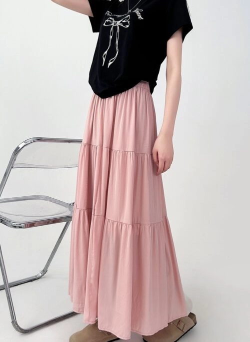 Pink High Waist A Line Layered Midi Skirt