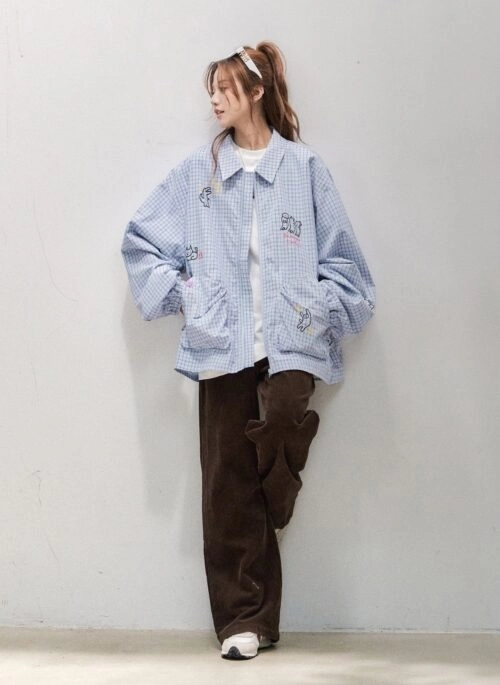 Plaid Collector Animal Embroidery Casual Jacket