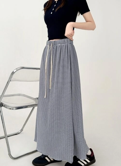 Plaid Drawstring Waist Casual Midi Skirt