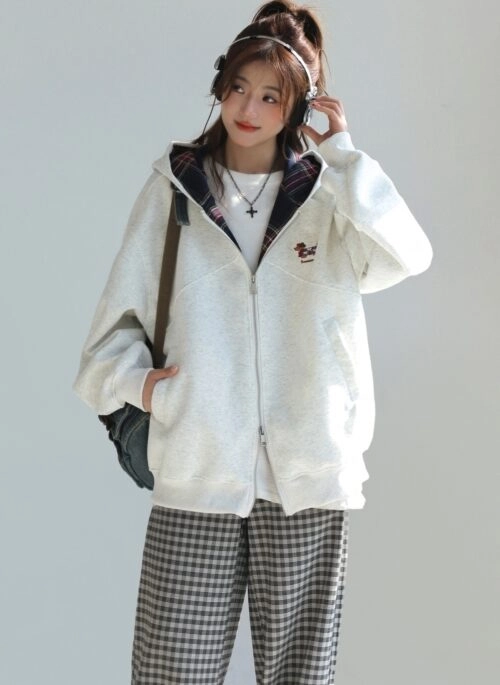 Plaid Patchwork Dachshund Embroidery Casual Zip Hoodie
