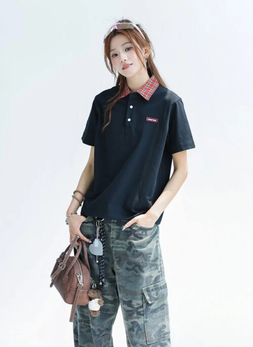 Plaid Patchwork Polo Collar Short Sleeve Top