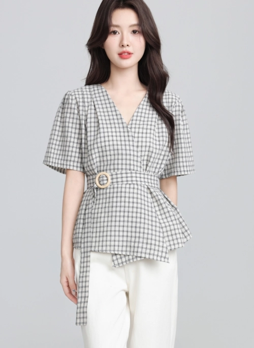 Plaid Short Sleeve Irregular V Neck Tie Shirt
