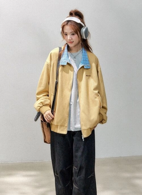 Plaid Suede Patchwork Bomber Jacket Casual Outerwear