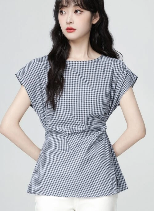 Plaid Tie Waist Ruffle Sleeve Short Sleeve Shirt