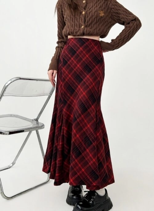Plaid Wool Blend Vintage Midi Flare Skirt