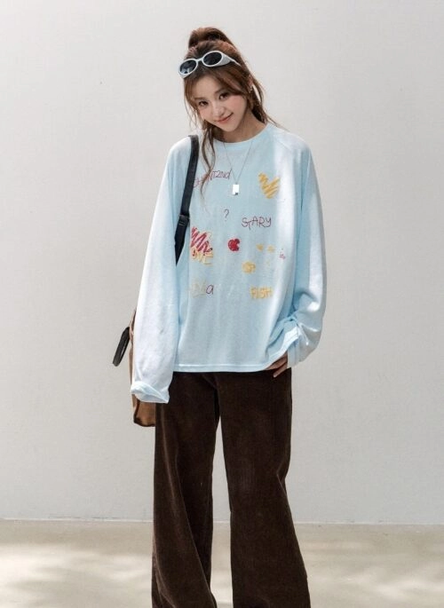 Playful Illustration Graffiti Print Long Sleeve T Shirt