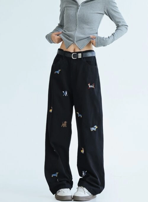 Playful Puppy Embroidered Wide Leg Denim Pants