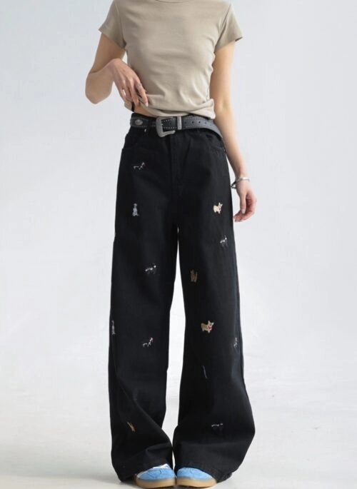 Playful Puppy Embroidery Wide Leg Denim Jeans
