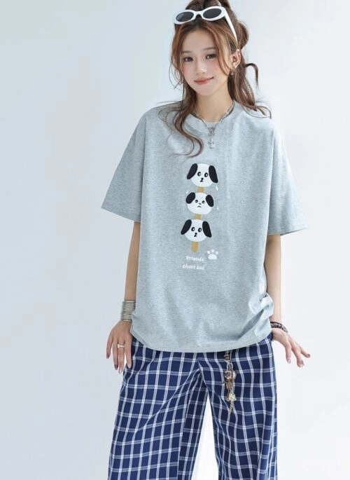 Playful Puppy Print Short Sleeve Casual Tee