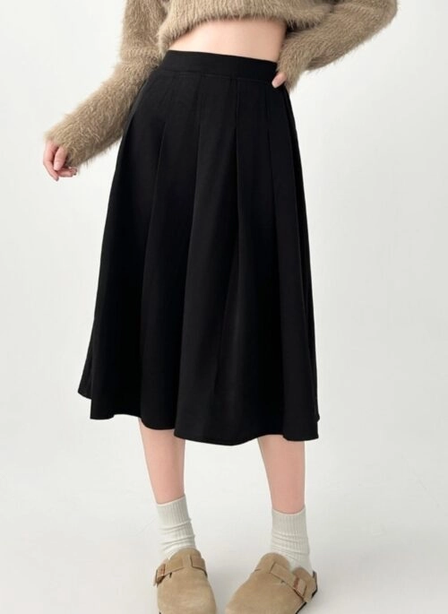 Pleated A Line Mid Length Skirt Slimming Design