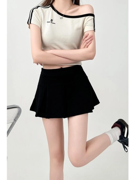 Pleated High Waist A Line Short Skirt Gray