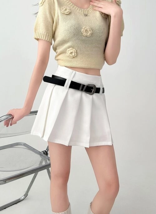 Pleated High Waist A Line Short Skirt White