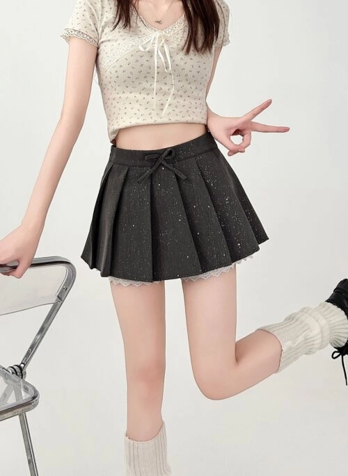 Pleated Lace Bow A Line Gray Skirt