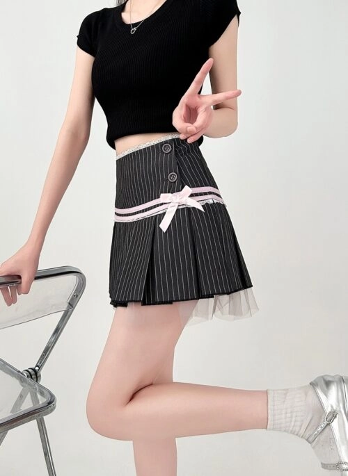 Pleated Lace Trim Striped Summer Skirt