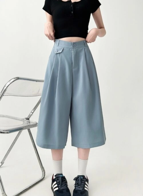 Pleated Loose Fit Casual Cropped Wide Leg Pants