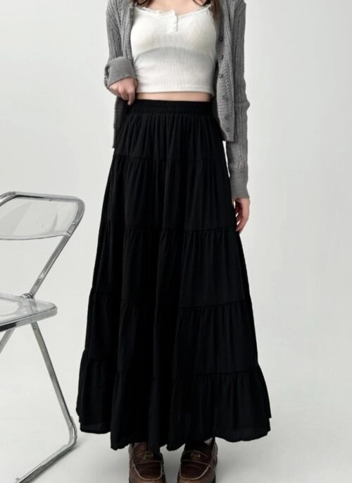 Plus Size Black High Waist Pleated Midi Skirt