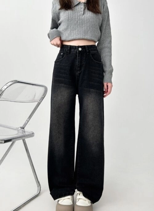 Plus Size High Waist Black Wide Leg Jeans