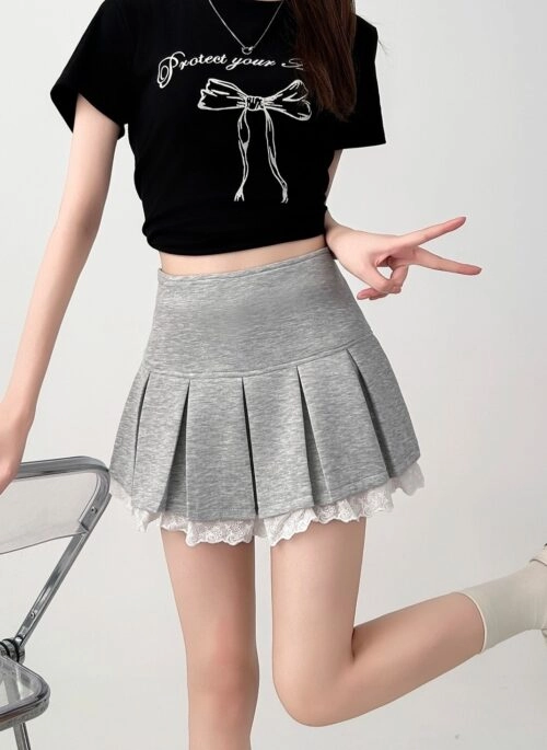 Plus Size Lace Pleated High Waist Black Skirt