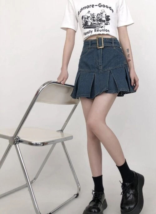 Plus Size Pleated Denim A Line Mini Skirt