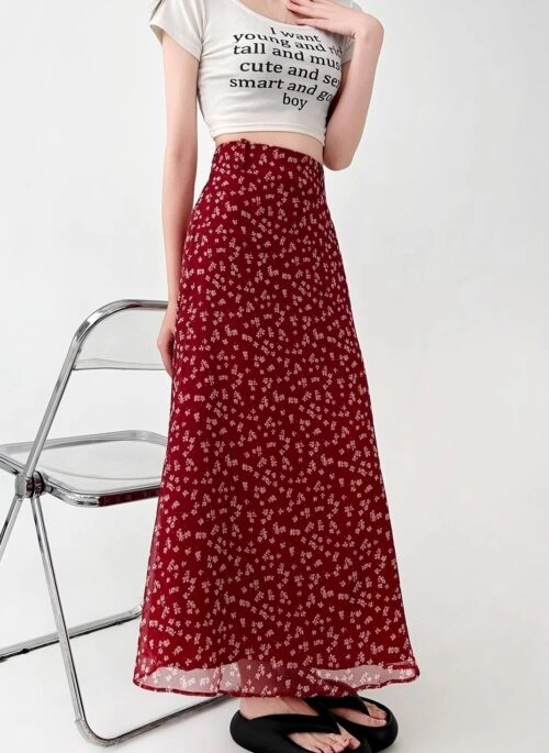 Red Floral High Waist Ruffle Midi Skirt