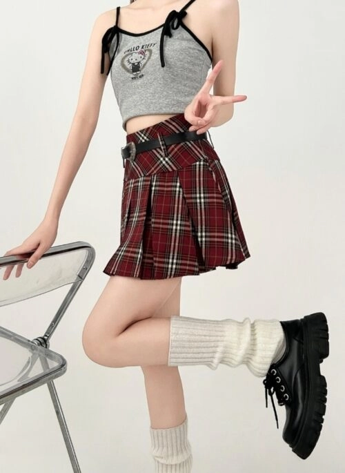 Red Plaid Pleated Mini Skirt College Style