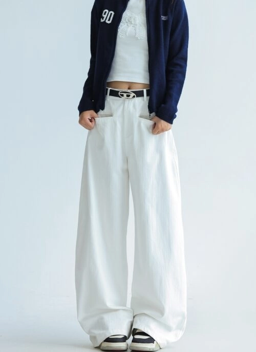 Relaxed Fit Wide Leg Casual Trousers White